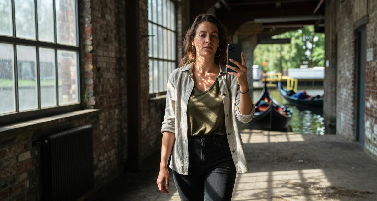 A gently serious Female From Germany, based in Düsseldorf, graduated from a design university majoring in atmospheric visual storytelling in their 49, celebrating a life of resilience and grit, wearing a modern casual lifestyle wear, snapping a photo with a phone in a industrial loft.