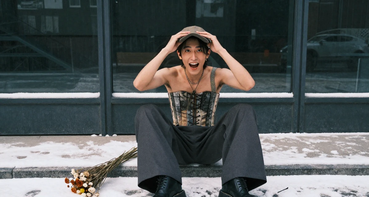 A vibrant and alive male From Shenzhen China, studied makeup artistry while modeling part-time in their 22, struggling to stay inspired with limited resources, wearing a corset-style top and wide-leg trousers, looking through a bag in a snowy sidewalk.