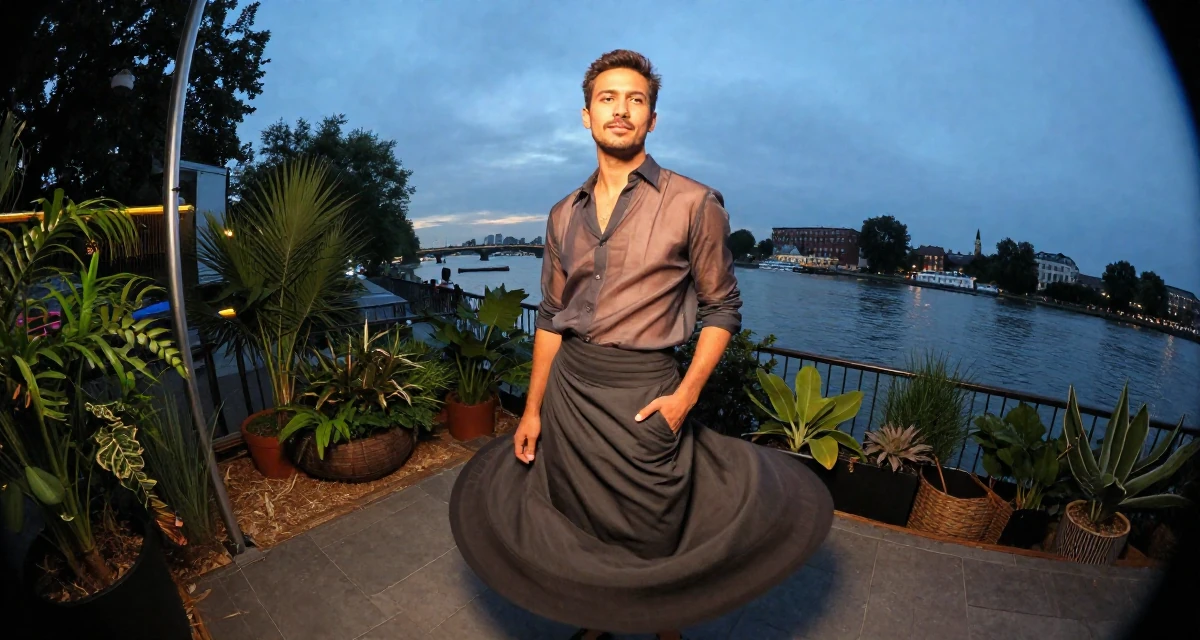 A confident and poised male From Canada, trained in culinary arts in their 29, fighting the fear of being “too old for the platform”, wearing a sheer sleeve blouse and a high-waisted skirt, sliding a hand into a pocket in a concert hall.