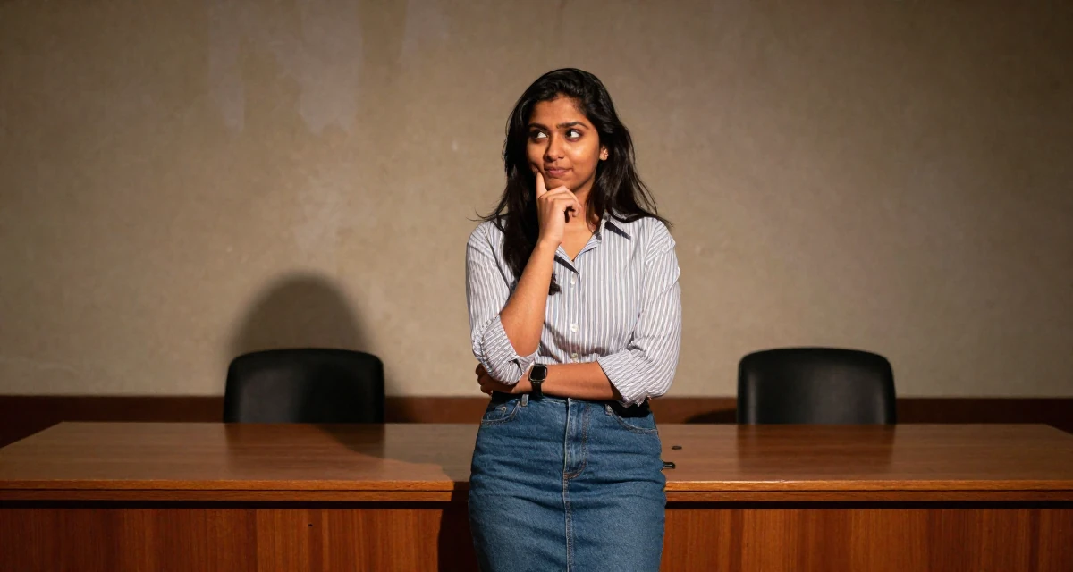 A witty Female From Mumbai India, studied film production in their 29, letting go of the need to please everyone, wearing a striped button-down shirt tucked into a denim pencil skirt, touching the chin thoughtfully in a concert hall.