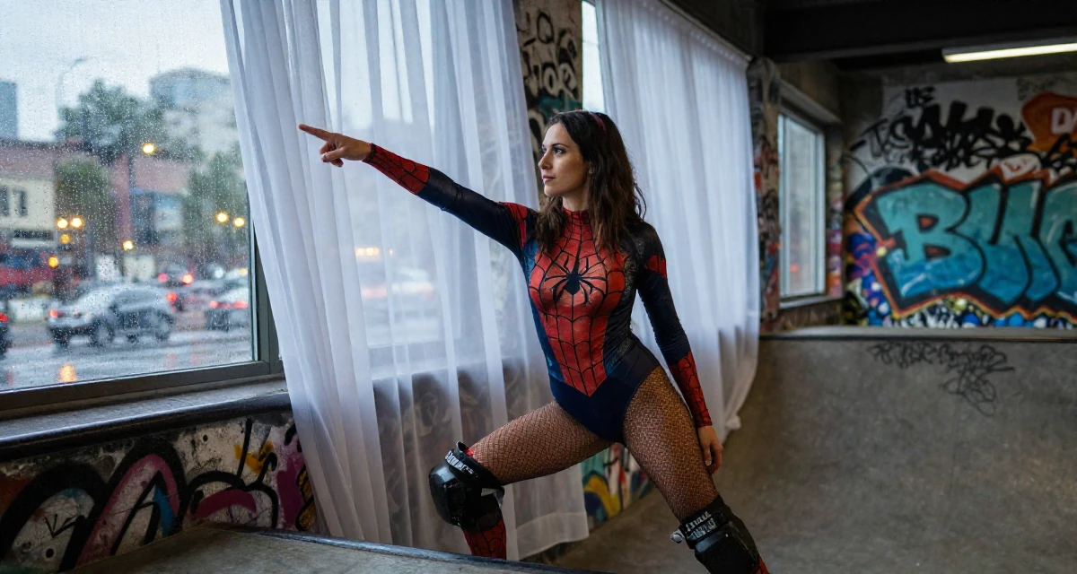 A sincere Female From Montreal Canada, studied erotic art history and creative expression in their 30, focused on paying off debt and financial freedom, wearing a spider-themed villainess suit, pointing at something nearby in a skate park.