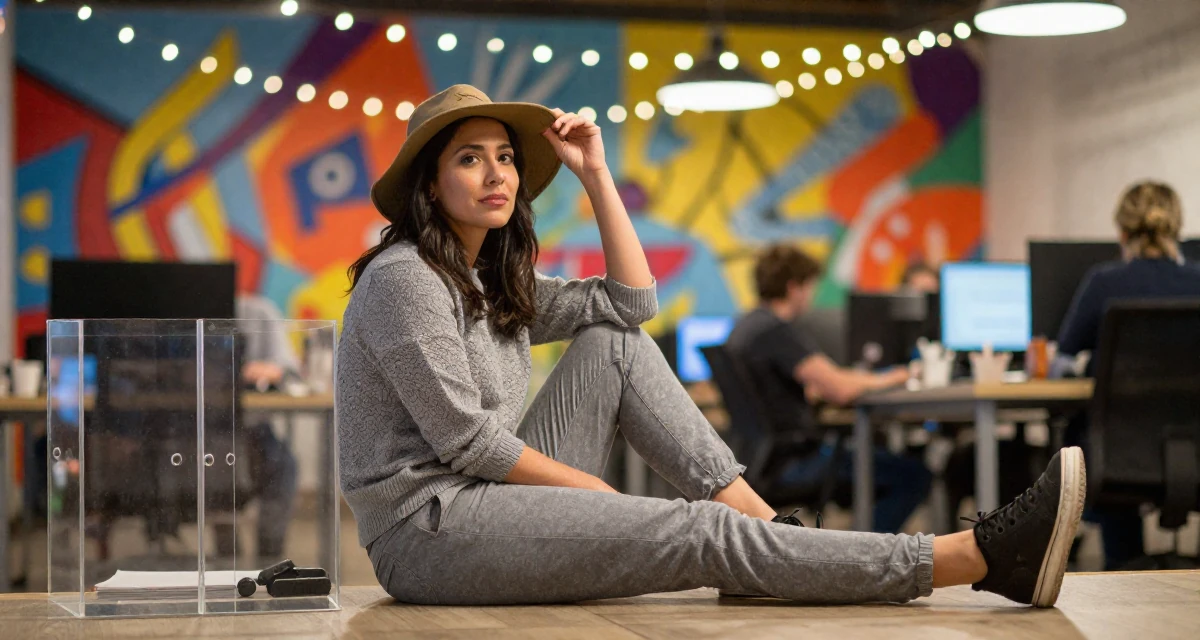 A composed Female From USA, majored in journalism and media studies in their 33, documenting a cross-country road trip, wearing a grey tones casual wear, holding a hat in a busy coworking space.