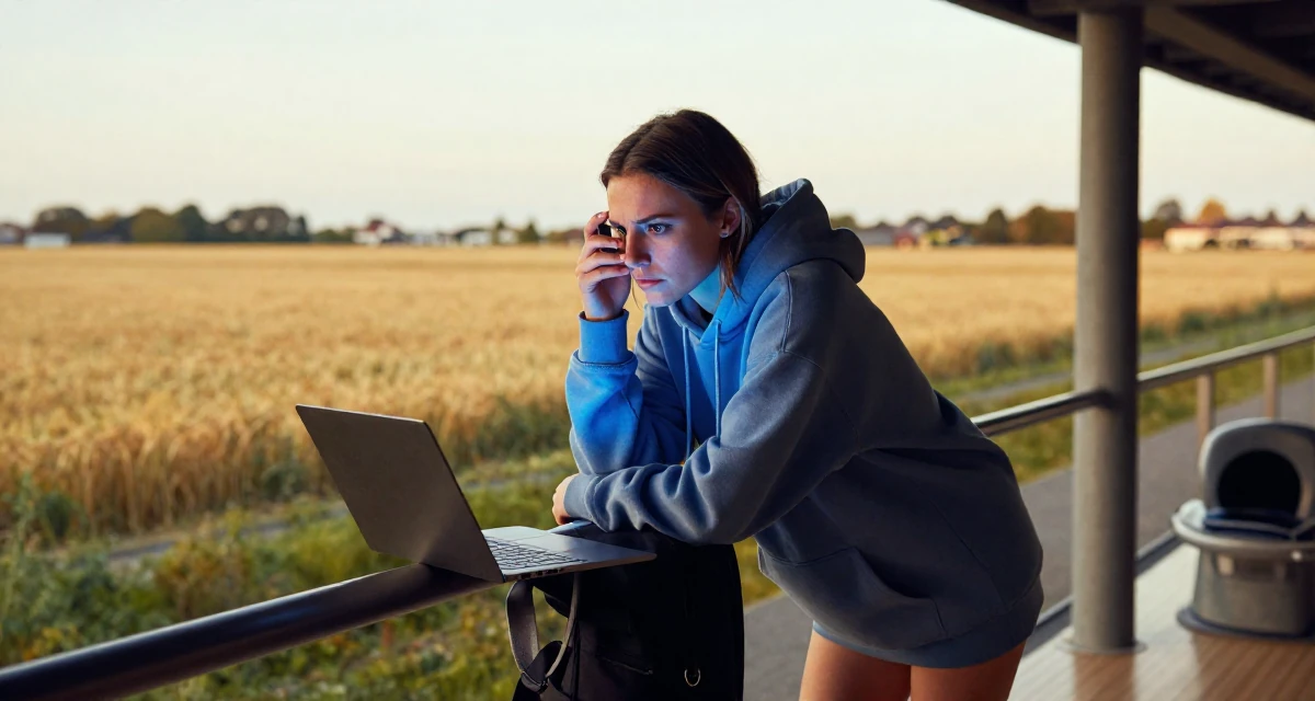 A intense Female From Netherlands, has a background in logistics in their 23, taking first serious steps toward independence, wearing a oversized hoodie worn as a dress, looking through a bag in a bowling alley.