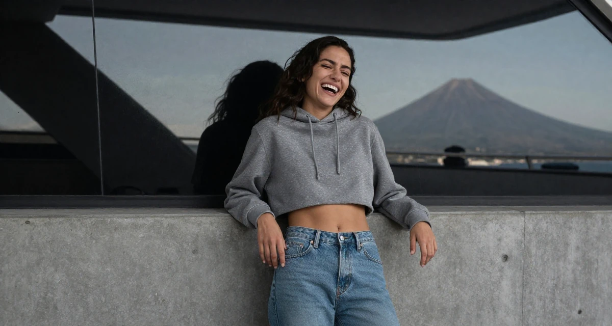 A shy Female From Buenos Aires Argentina, holds a degree in dance studies in their 25, dealing with anxiety about first paying subscribers, wearing a cropped hoodie showing midriff and low-rise jeans, laughing uncontrollably in a yacht deck.