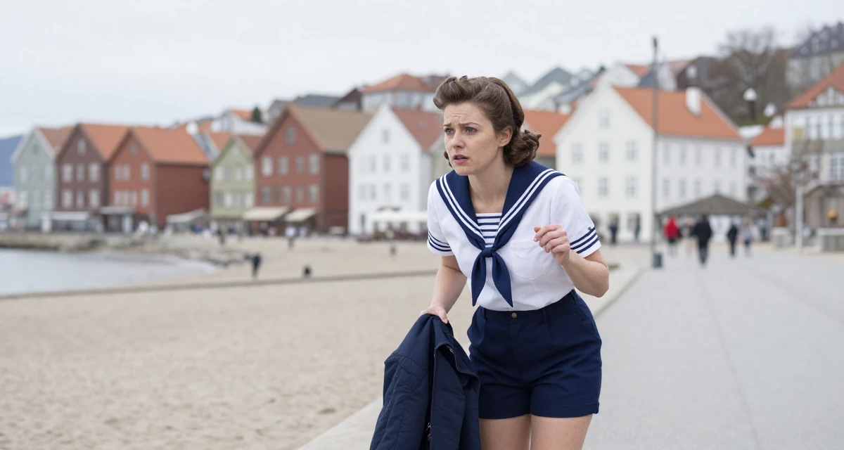 A worried Female From Bergen Norway, studied business economics in their 25, still unsure how to price beginner subscriptions, wearing a vintage pin-up sailor outfit with high-waisted shorts, putting on a jacket in a beach promenade.