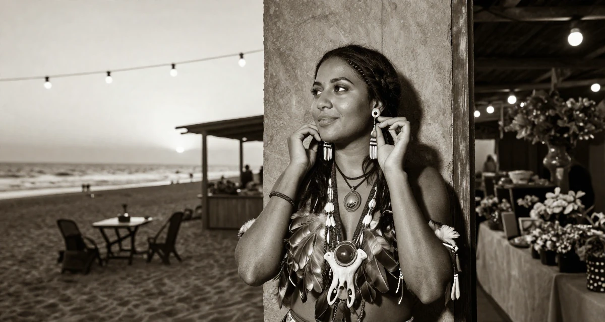 A friendly and approachable Female Raised in Kenya, studied digital entrepreneurship in their 23, looking sophisticated but feeling lost inside, wearing a tribal shaman outfit with feathers and bones, putting on earrings in a sunset beach.