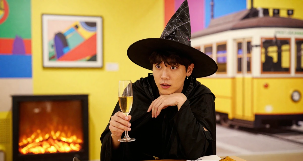 A curious and focused male Based in South Korea, studied fashion merchandising in their 25, confident enough to wear what they truly like, wearing a classic witch costume with a wide-brimmed hat, holding a champagne glass in a art gallery.