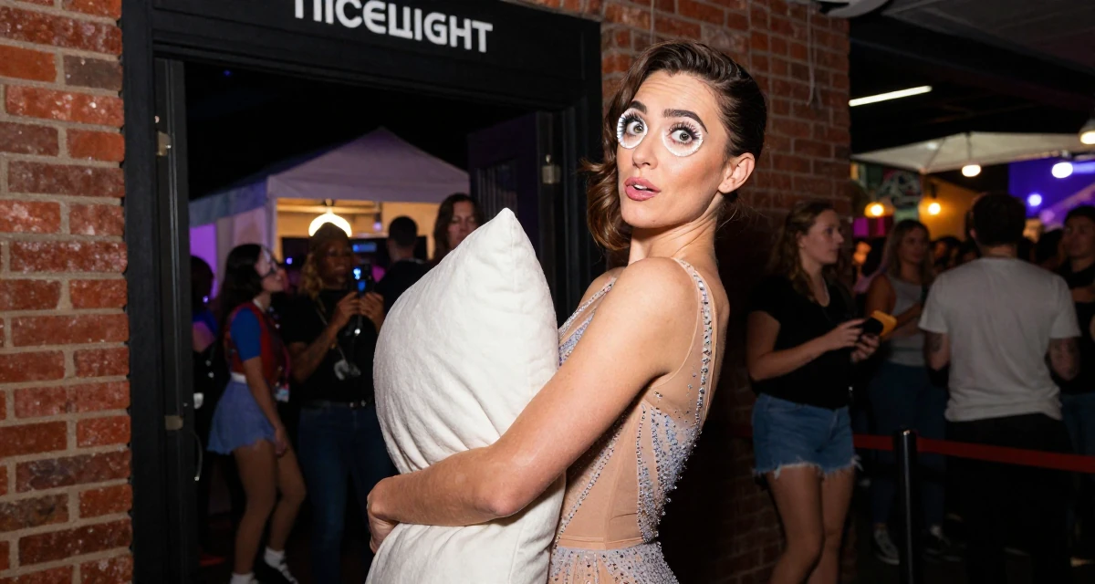 A whimsical Female Once a junior photographer, now the subject of her own shoots in their 41, tech executive pivot to digital content creation, wearing a ice skater sparkly dress with sheer sleeves, hugging a pillow or cushion in a cinema entrance.