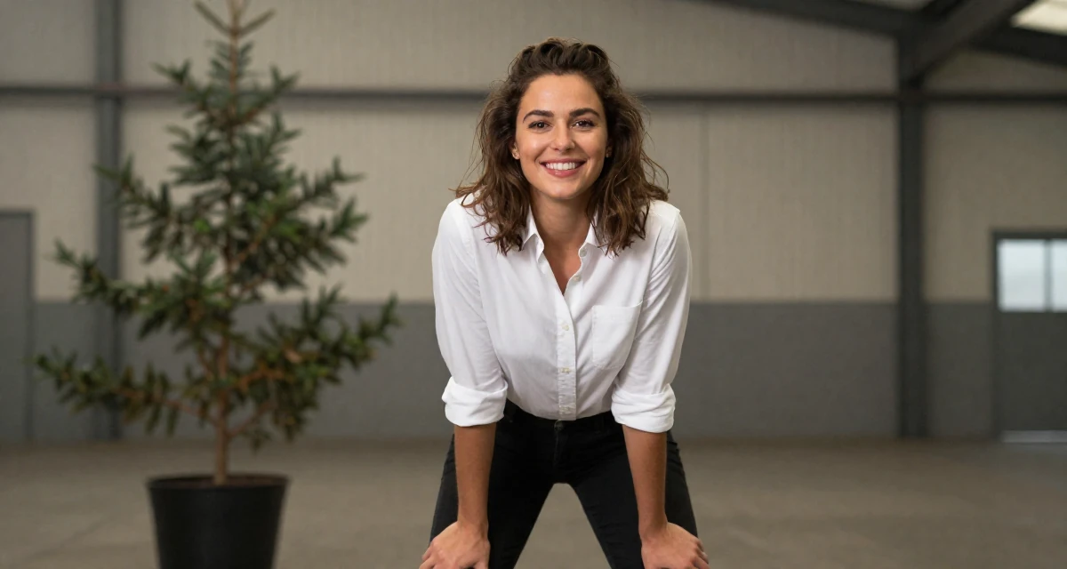 A glowing Female From Manchester United Kingdom, studied sports science in their 20, radiating fresh-faced youthful energy, wearing a crisp button-up with rolled sleeves, messing up hair playfully in a industrial warehouse.