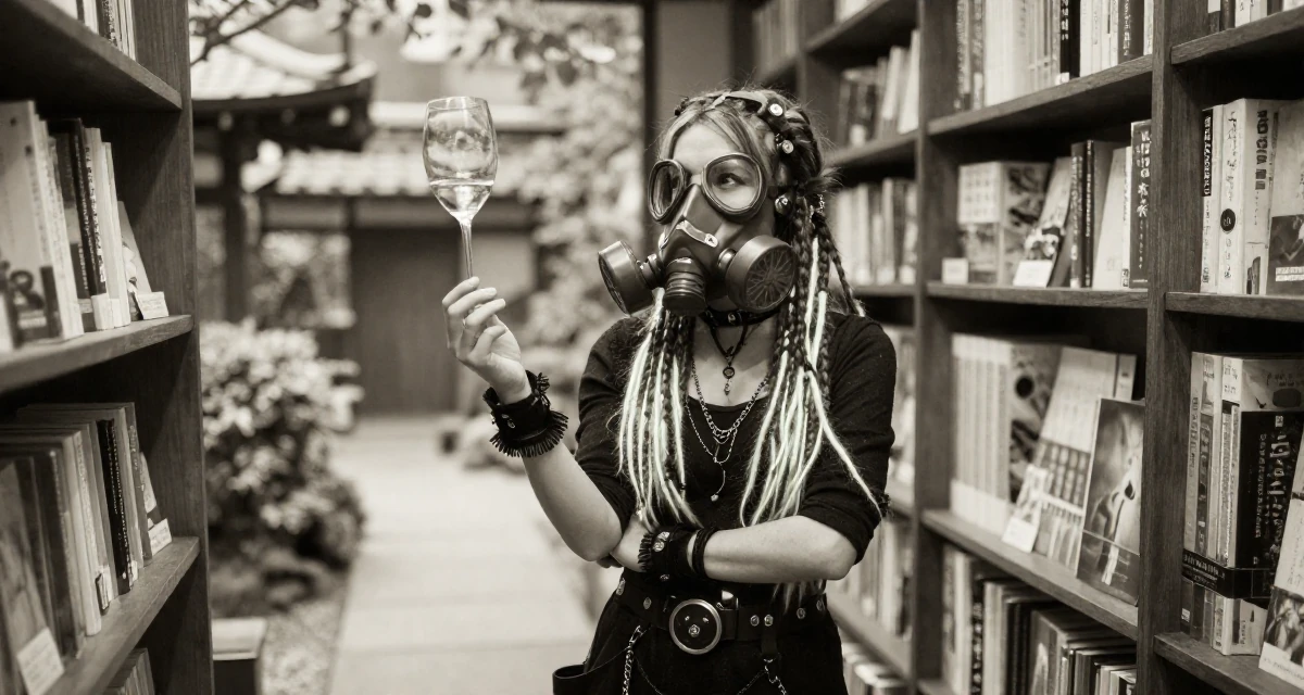 A enthusiastic Female From Japan, majored in sociology in Tokyo in their 23, juggling sensual creativity with real-life responsibilities, wearing a cyber-goth outfit with gas mask and neon dreads, holding a wine glass by the stem in a bookstore aisle.