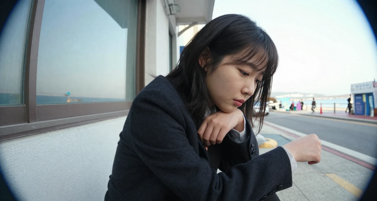 A melancholic Female From South Korea, based in Busan, graduated from a design institute majoring in visual communication in their 38, capturing cinematic moments of daily life, wearing a dark academia inspired outfit, adjusting sleeves in a city sidewalk.