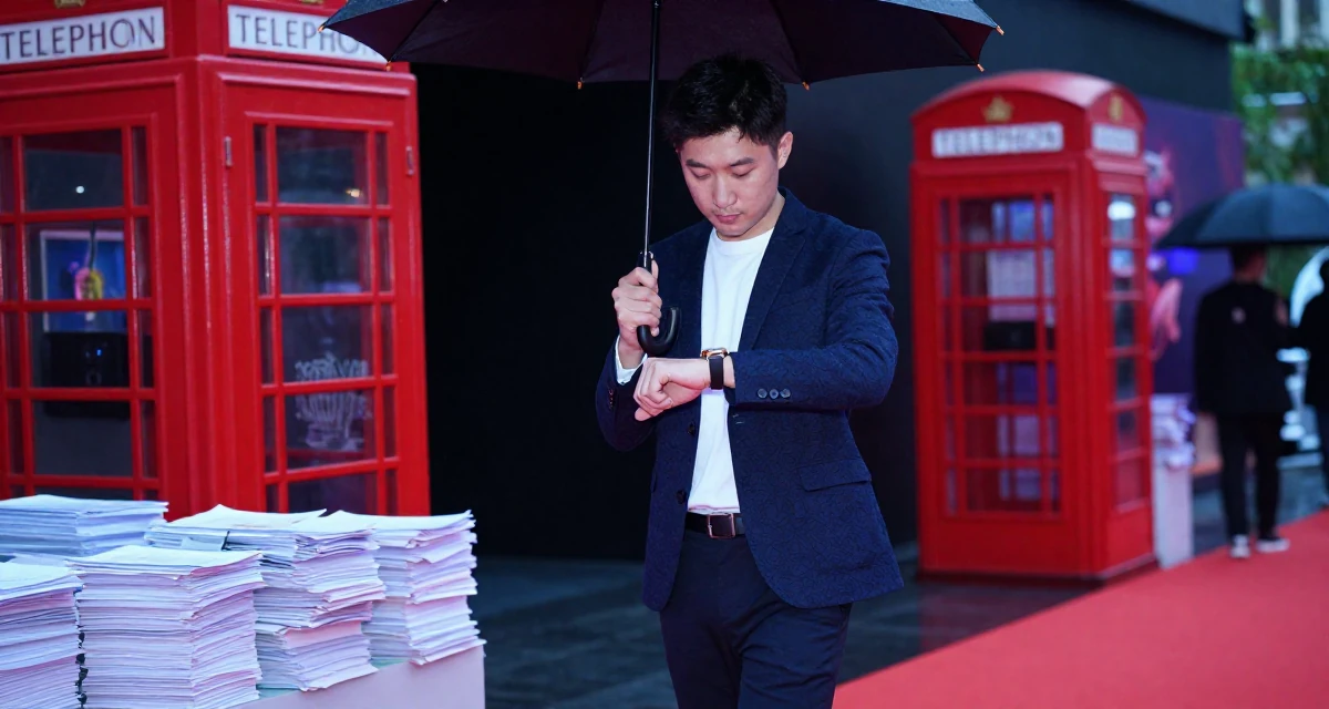 A relaxed and observant male From Hangzhou China, studied online commerce and lifestyle branding in their 23, wearing smart casual and checking a watch, wearing a refined casual Friday look, holding an umbrella in a red carpet event.