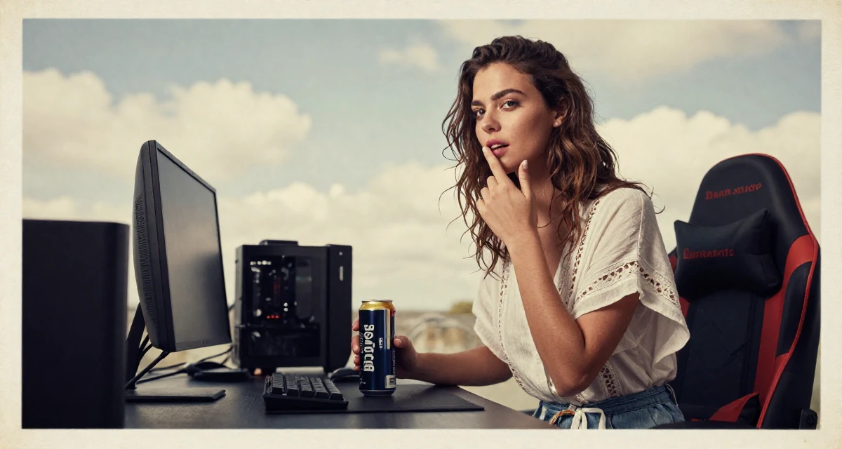 A sultry Female From UK, studied law at a prestigious university in their 23, adjusting pricing after analyzing monthly performance, wearing a breezy summer vacation outfit, holding a beverage can in a gaming room.