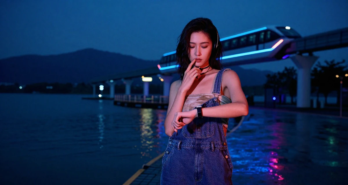 A moody Female Former call-center worker, now crafting confidence-centric creator content in their 36, rebuilding after a breakup, wearing a tube top and oversized denim overalls with one strap down, checking a wristwatch in a lakeside dock.