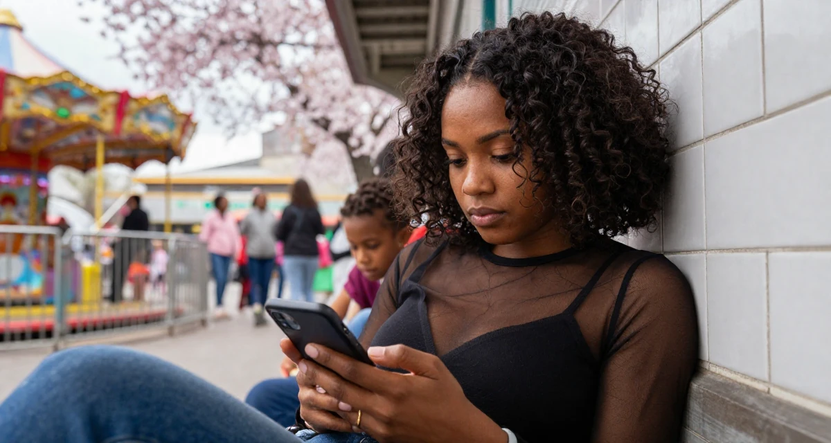 A contemplative Female Born in Haiti, majored in international relations in their 25, hiding early creator work from family and classmates, wearing a sheer mesh top layered over a black bralette, checking a phone in a carnival with rides.