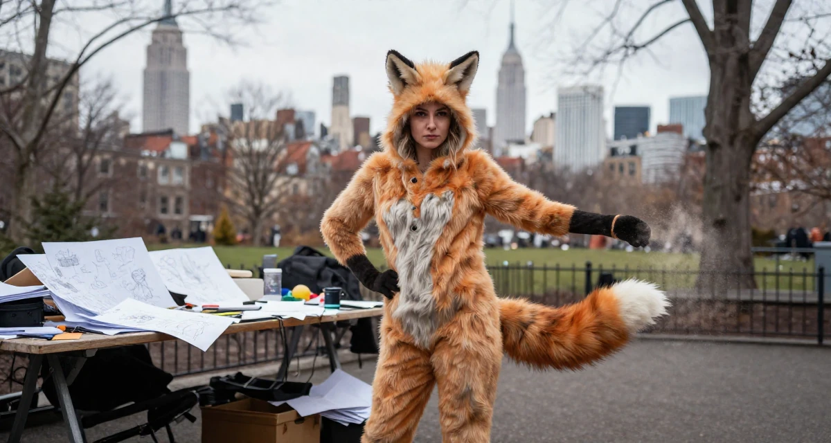 A enigmatic Female Raised in Iceland, majored in creative digital strategy in their 39, building a brand around authentic storytelling, wearing a fox spirit (kitsune) outfit with fluffy ears and tails, kicking up dust playfully in a quiet park.