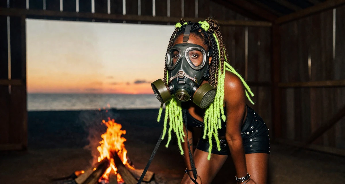 A quiet Female From Zambia, majored in marketing communication in their 28, projecting an image of effortless success, wearing a cyber-goth outfit with gas mask and neon dreads, holding a leash in a barn interior.