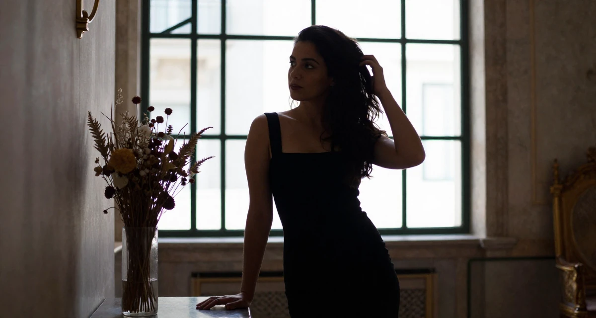 A relaxed and observant Female From Lisbon Portugal, majored in digital communication in their 23, seeking validation through achievement, wearing a fitted black dress with a square neckline, running fingers through hair in a royal palace throne room.