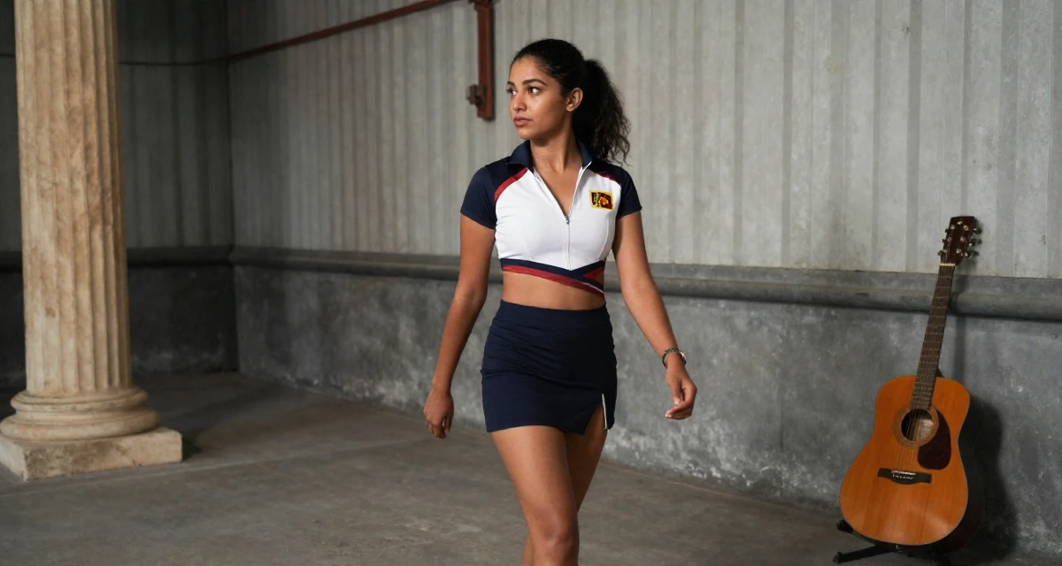 A proud Female From Sri Lanka, based in Kandy, graduated from a regional institute majoring in advertising in their 23, handling occasional negative comments professionally, wearing a race queen outfit with a zipper front and mini skirt, glancing over the shoulder in a industrial loft.
