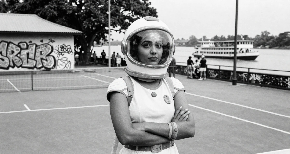 A captivating Female From Sri Lanka, based in Kandy, graduated from a regional institute majoring in advertising in their 20, navigating the chaos of freshman year university life, wearing a retro sci-fi space girl outfit with a bubble helmet, crossing arms confidently in a tennis court.
