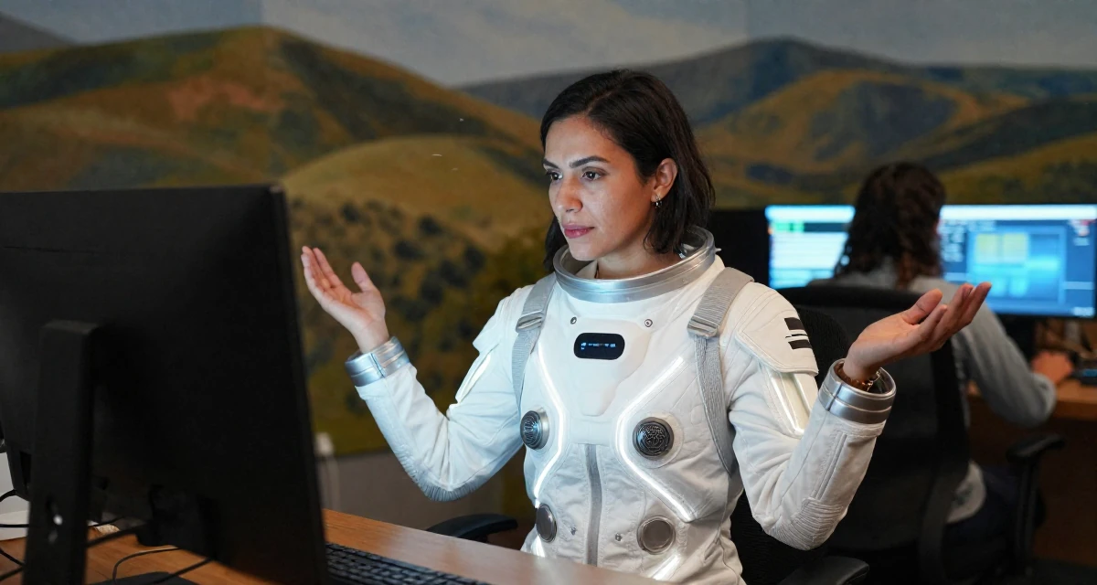 A calm Female From Mexico, majored in global trade in their 30, first-time entrepreneur building a startup, wearing a futuristic space pilot plugsuit with glowing lines, scrolling casually in a waiting room.