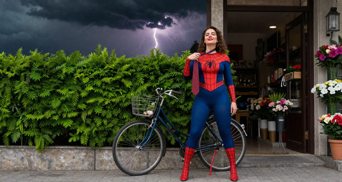 A relieved Female From Ankara Türkiye, holds a degree in international trade in their 23, learning to set boundaries with bosses, wearing a spider-themed villainess suit, playing with a tie in a flower shop entrance.
