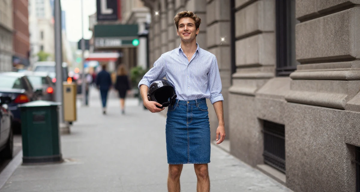 A charming male Once a ballet dropout, now redefining movement through intimate expression in their 23, learning to set boundaries with bosses, wearing a striped button-down shirt tucked into a denim pencil skirt, holding a helmet under one arm in a city sidewalk.