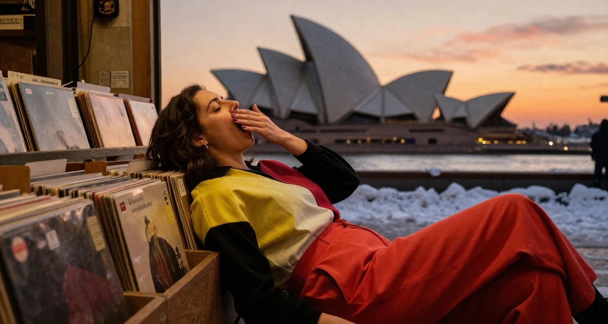 A dignified Female From Athens Greece, studied philosophy in their 48, preparing for long-term financial planning, wearing a bold color-block outfit, stifling a yawn in a vintage record store.