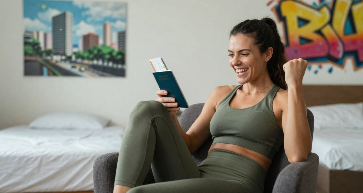 A triumphant Female From Brazil, trained in physical therapy in their 24, mastering the art of work-life separation, wearing a muted olive green tones, holding a passport or ticket in a minimalist bedroom.