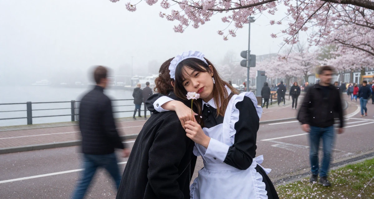 A unbothered Female From the Netherlands, based in Utrecht, graduated from a creative academy majoring in UX design in their 25, adapting to algorithm changes on promo platforms, wearing a maid outfit with a white apron and ruffled headband, holding a single flower in a foggy harbor.