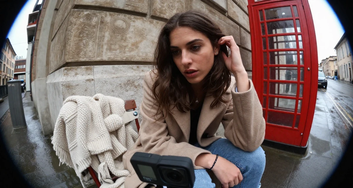 A alert and attentive Female From Italy, studied restoration of cultural heritage in their 22, investing in outfits that complement sensual expression, wearing a tailored coat with casual sneakers, tucking hair behind an ear in a rainy street corner.