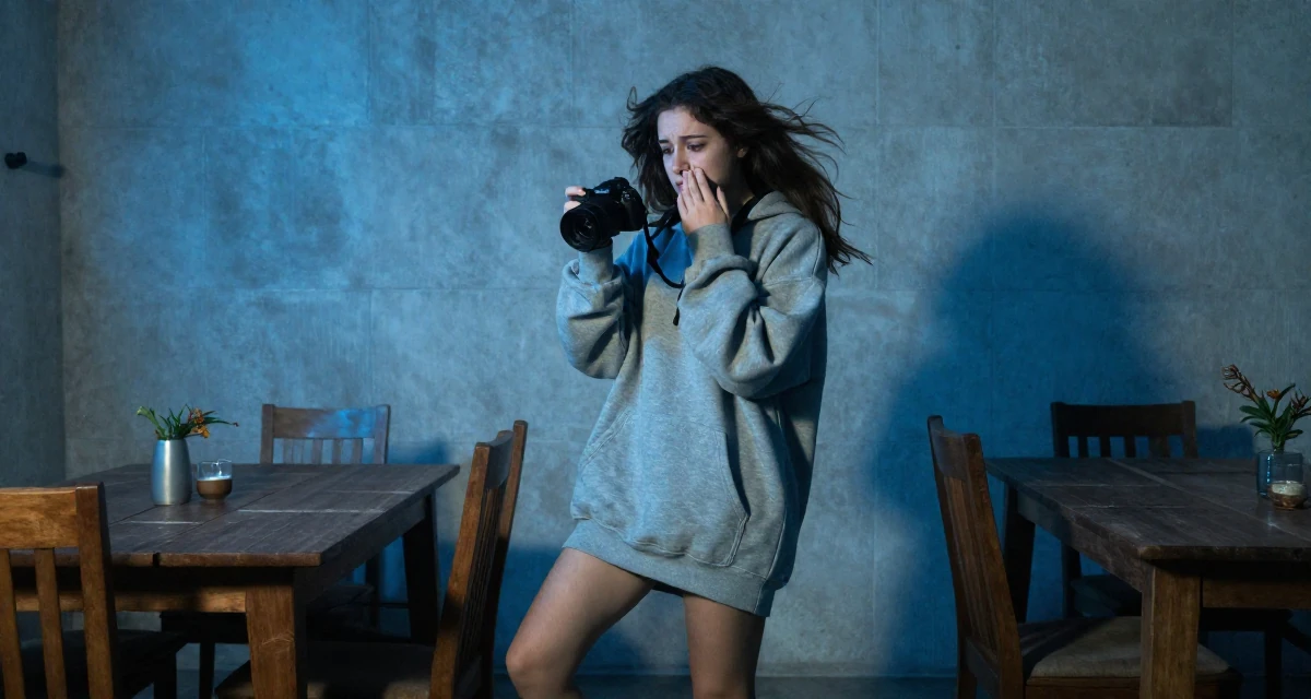 A vulnerable Female From Mali, majored in agricultural management in their 25, dealing with pressure to choose a major, wearing a oversized hoodie worn as a dress, holding a camera ready to shoot in a dining room.