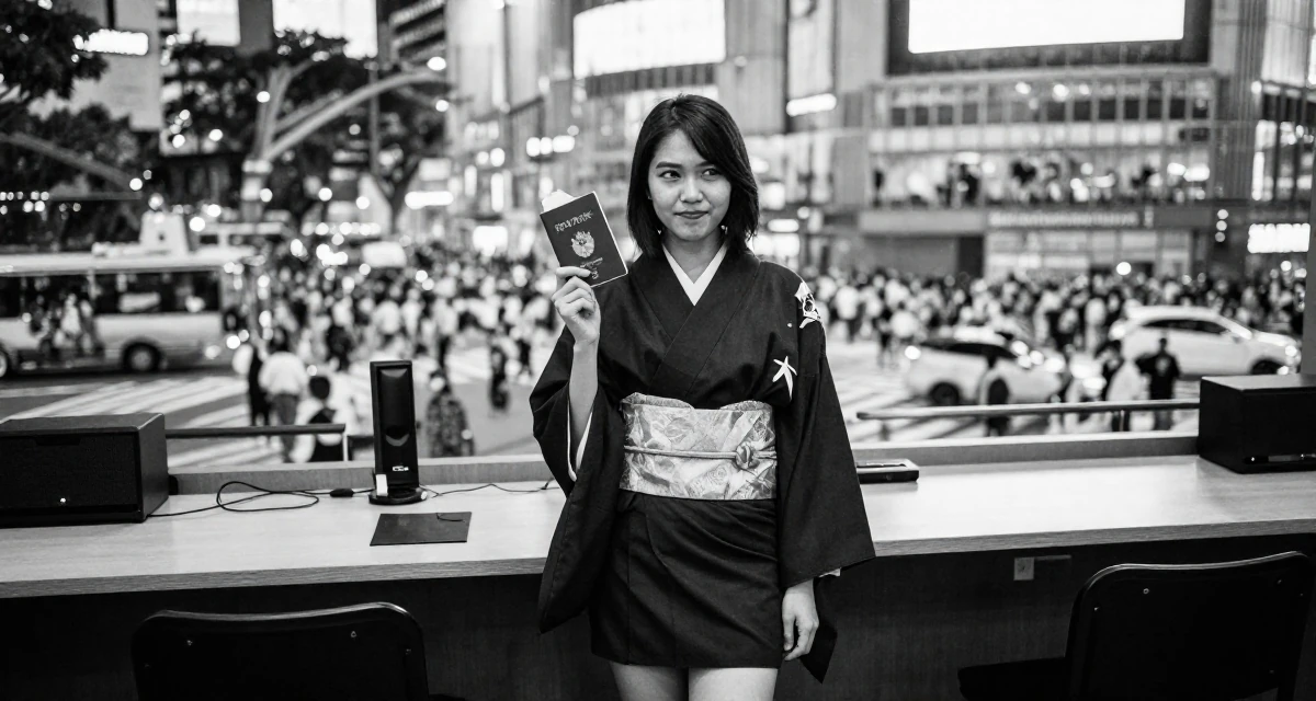 A cheeky Female From Malaysia, based in Malacca, graduated from a creative college majoring in sensual composition design in their 22, navigating competitive academic environments, wearing a shrine maiden outfit with a short hakama skirt, holding a passport in a concert hall.