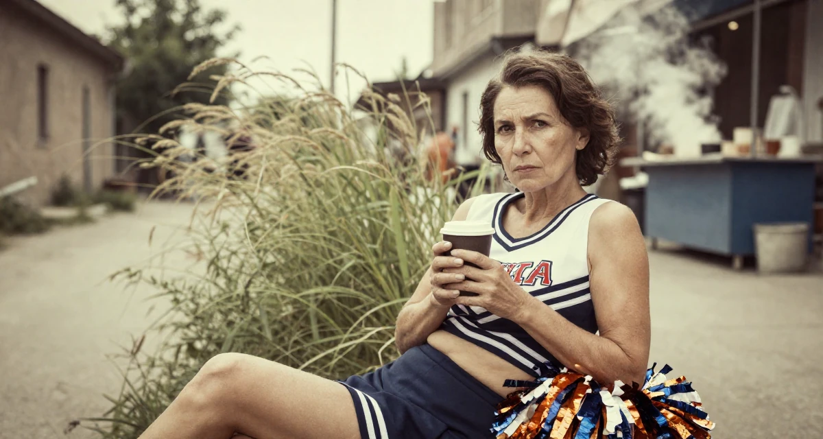 A intimidating Female From Kazakhstan, studied financial mathematics in their 34, focusing on skincare and graceful aging, wearing a cheerleader uniform with a cropped top and pom-poms, holding a coffee cup with both hands in a quiet alleyway.