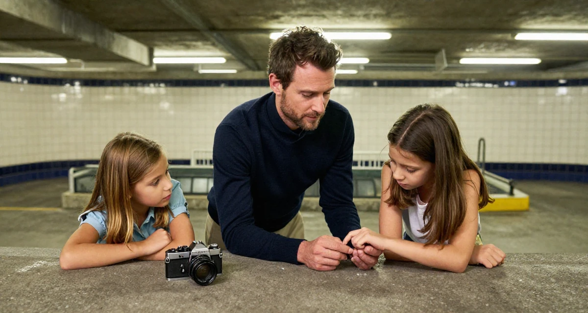 A contemplative male From France, studied fashion design in their 45, helping kids apply for college and empty nesting, wearing a elegant evening casual wear, inspecting fingernails in a underground parking garage.