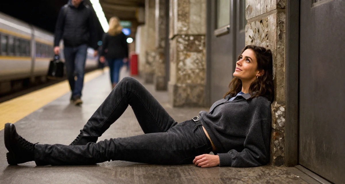 A radiant Female From New York USA, learned editorial posing through fashion internships in their 36, pivoting career paths completely, wearing a relaxed streetwear, leaning against a door in a train platform.