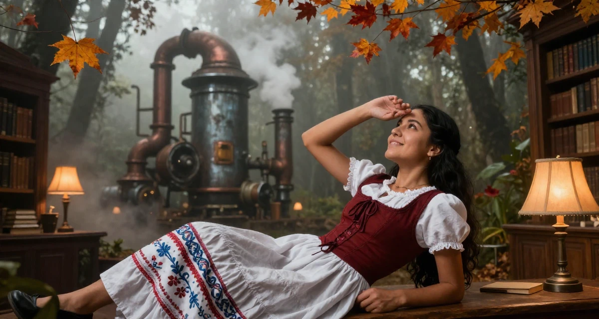 A relaxed and carefree Female From Peru, based in Arequipa, graduated from a local university majoring in business communication in their 34, redefining what success means personally, wearing a peasant girl corset dress with a white blouse, shading eyes with a hand in a dense misty forest.