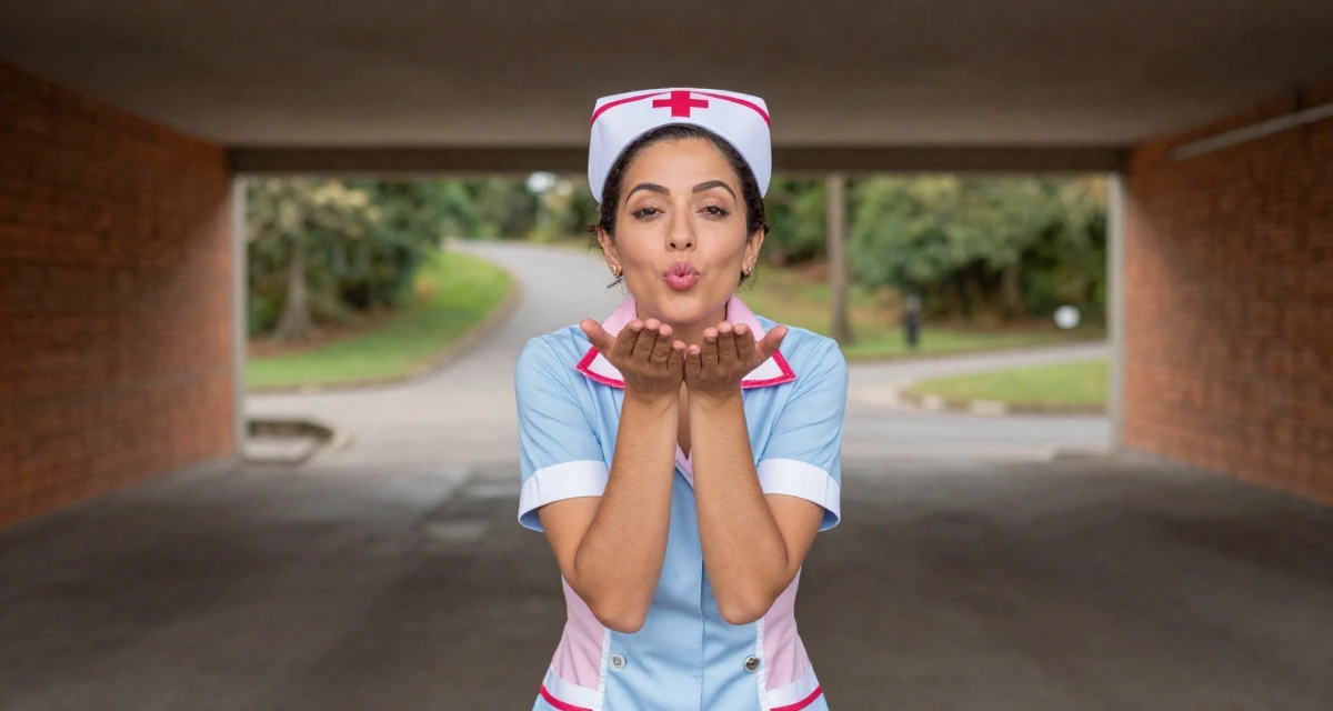 A lazy Female From Brazil, majored in sociology in their 44, expert in negotiation and communication skills, wearing a nurse cosplay uniform with a stylized cap, blowing a kiss in a underground parking garage.