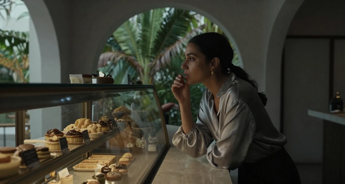 A contemplative Female From USA, has a background in real estate in their 25, discovering what content feels comfortable or not, wearing a silk blouse with oversized cuffs, humming a tune visually in a bakery counter.