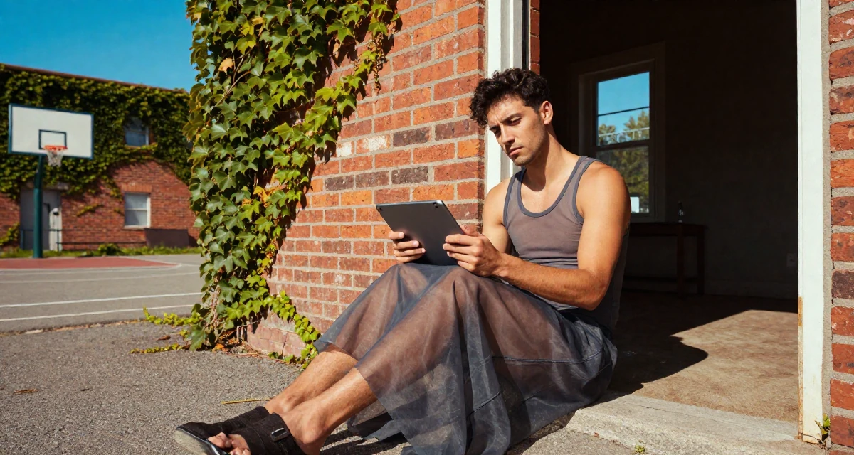 A cynical male From Canada, trained in advertising and branding in their 22, building a seductive aesthetic while protecting privacy, wearing a sheer maxi skirt with a bodysuit underneath, holding a tablet device in a basketball court.