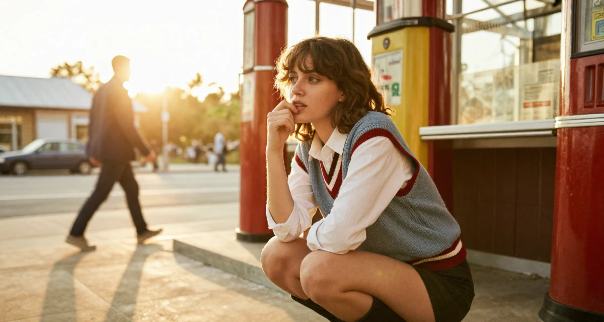 A dreamy Female Former fashion retail worker, now curating premium outfit inspiration in their 22, experimenting with cosplay or themed shoots, wearing a preppy sweater vest combo, biting a lip thoughtfully in a greenhouse interior.