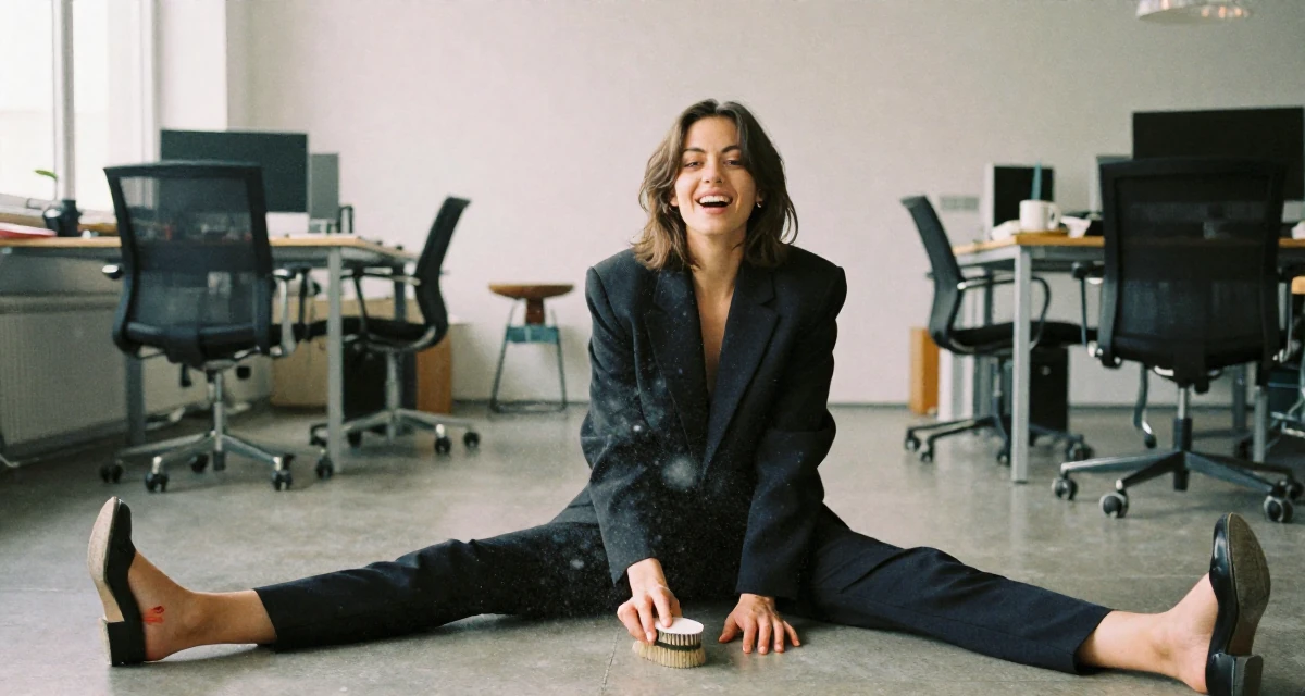 A playful and energetic Female From Stockholm Sweden, studied minimalist aesthetics and body symmetry in their 20, buzzing with naive optimism and caffeine energy, wearing a sleek modern tailored look, brushing off dust in a office break room.