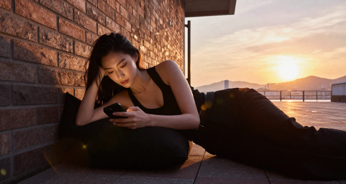 A soulful Female From Hong Kong, majored in graphic design in their 22, building a seductive aesthetic while protecting privacy, wearing a monochromatic black outfit, texting with both thumbs in a pedestrian plaza.