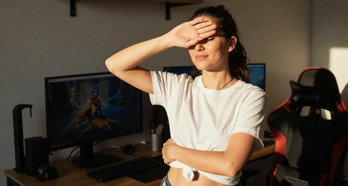 A zoned out Female Previously a stay-at-home mom, now monetizing relatable lifestyle content in their 33, building a supportive online community, wearing a classic white t-shirt knotted at the front and bikini bottoms, covering eyes from the sun in a gaming room.
