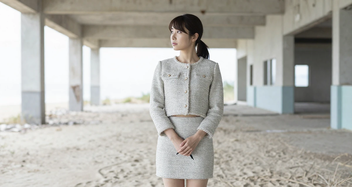 A reflective Female From Japan, studied nutrition and food science in their 36, focusing on mental health and mindfulness, wearing a cropped tweed jacket and a high-waisted mini skirt, holding a pen poised to write in a abandoned hospital.