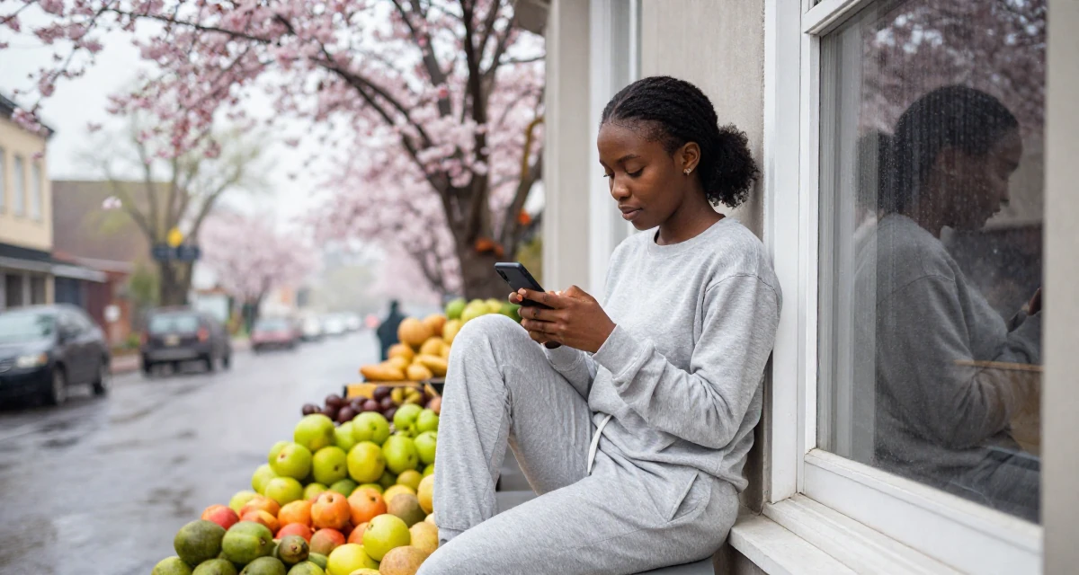 A zoned out Female From Nigeria, majored in business communication in their 23, analyzing which posts convert best, wearing a comfortable lounge wear set, texting with both thumbs in a rainy street corner.