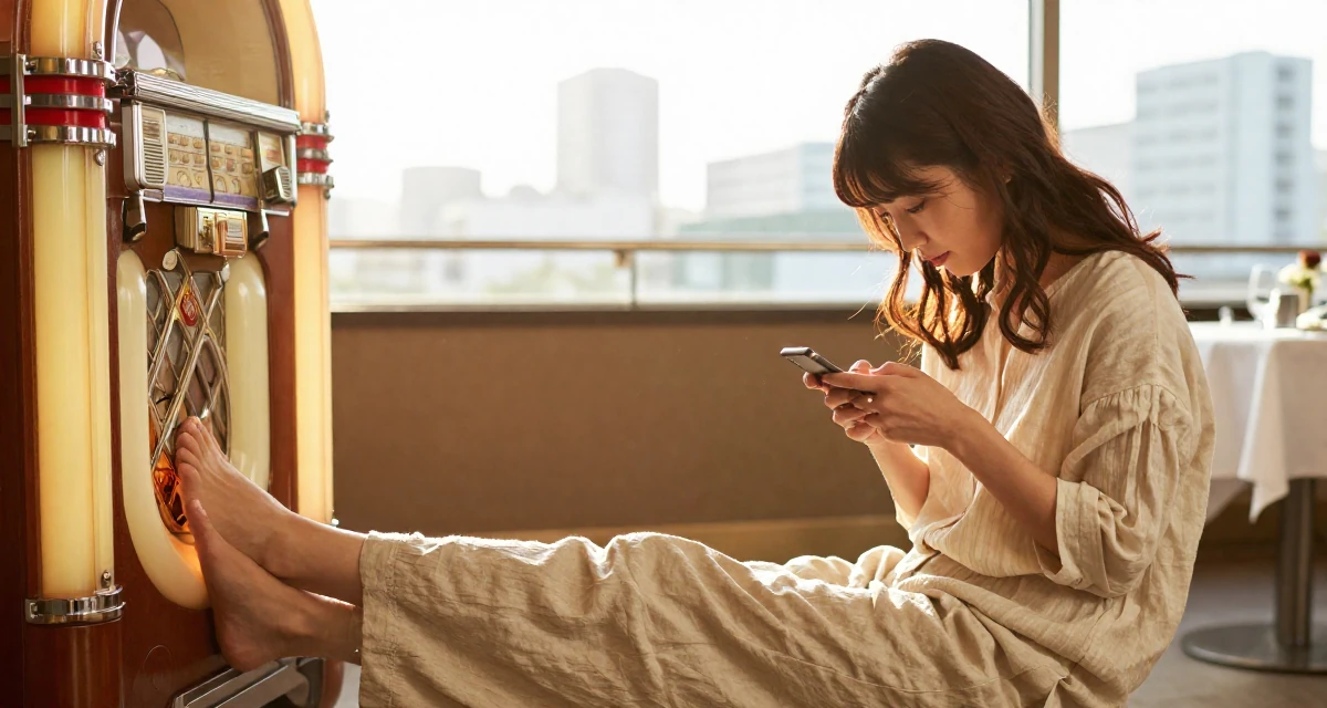 A romantic Female From Japan, studied nutrition and food science in their 23, learning how to say “no” to requests outside comfort, wearing a loose-fitting linen trousers, texting with both thumbs in a banquet hall.