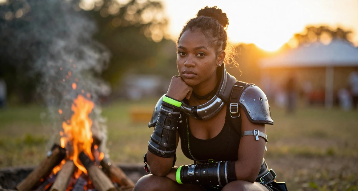 A determined Female From Trinidad & Tobago, studied performing arts in their 20, capturing every moment for the aesthetic, wearing a cyberpunk street samurai gear with neon accents, fixing a collar in a campfire circle.