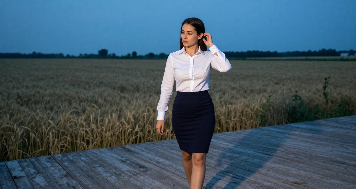 A placid Female Previously a construction worker, now documenting strength-expressive lifestyle in their 22, sacrificing weekends for content planning, wearing a office lady pencil skirt and tight white shirt, tucking hair behind an ear in a sunny patio.