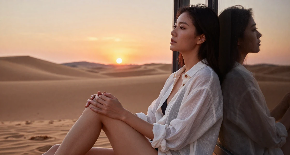 A wistful Female From Taiwan, studied visual communication design in their 40, embracing natural beauty and self-acceptance, wearing a translucent linen shirt worn over a swimsuit, checking a reflection in a window in a desert sand dunes.